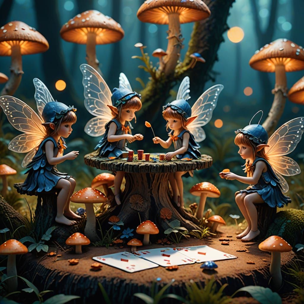Fairies Playing Poker on Mushrooms in Digital Painting