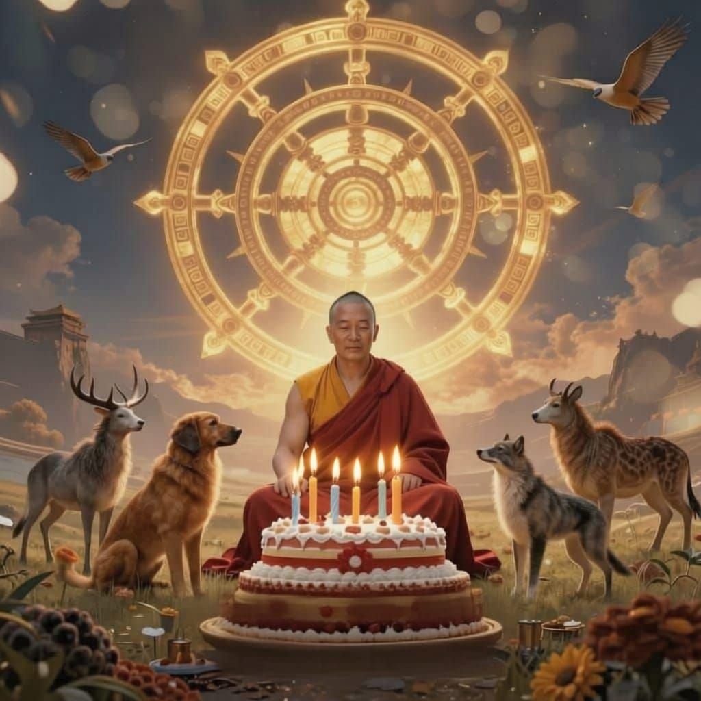 Happy Birthday Rinpoche Poster with Animals and Cake