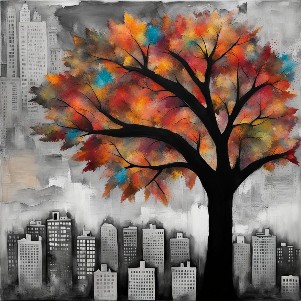 Colorful Tree in Grayscale City: Mixed-Media Painting