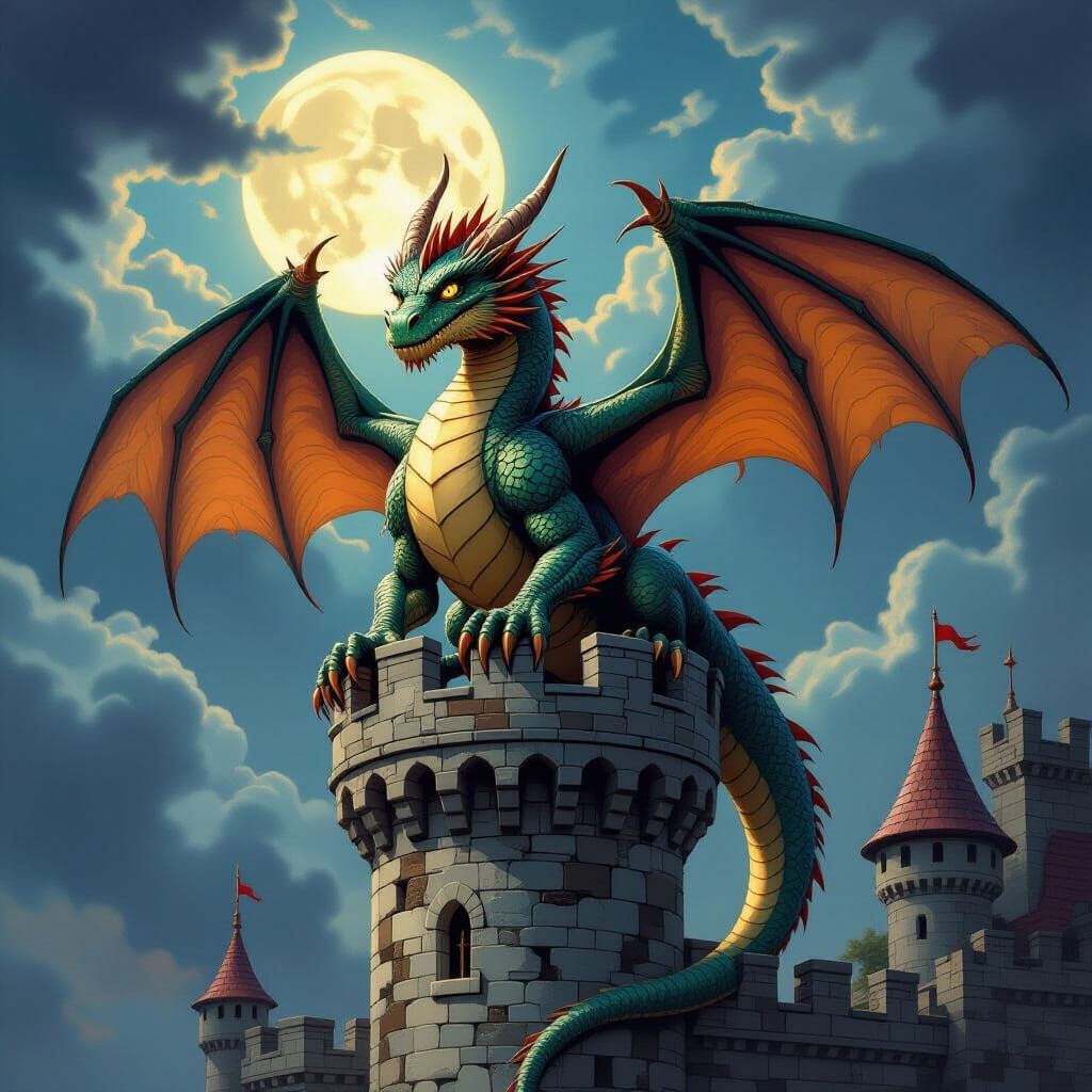 Majestic Dragon's Comical Landing Mishap on Castle Turret