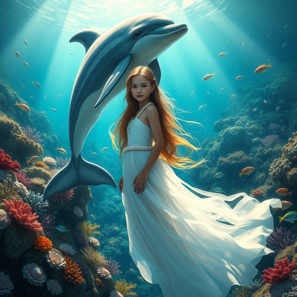 Girl and Dolphin in Vibrant Ocean Depths