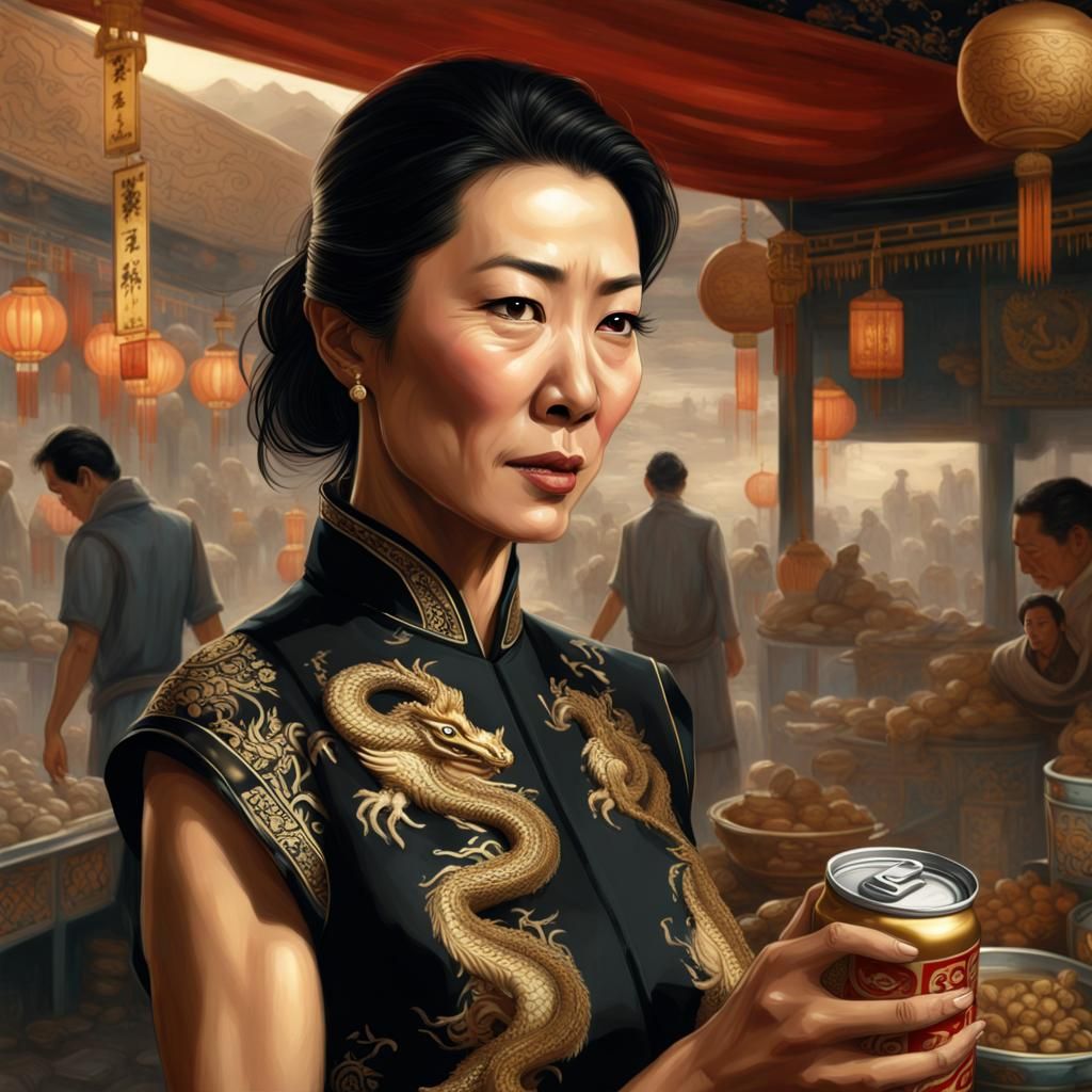 Sad Michelle Yeoh in Egyptian Desert, Hyperrealistic