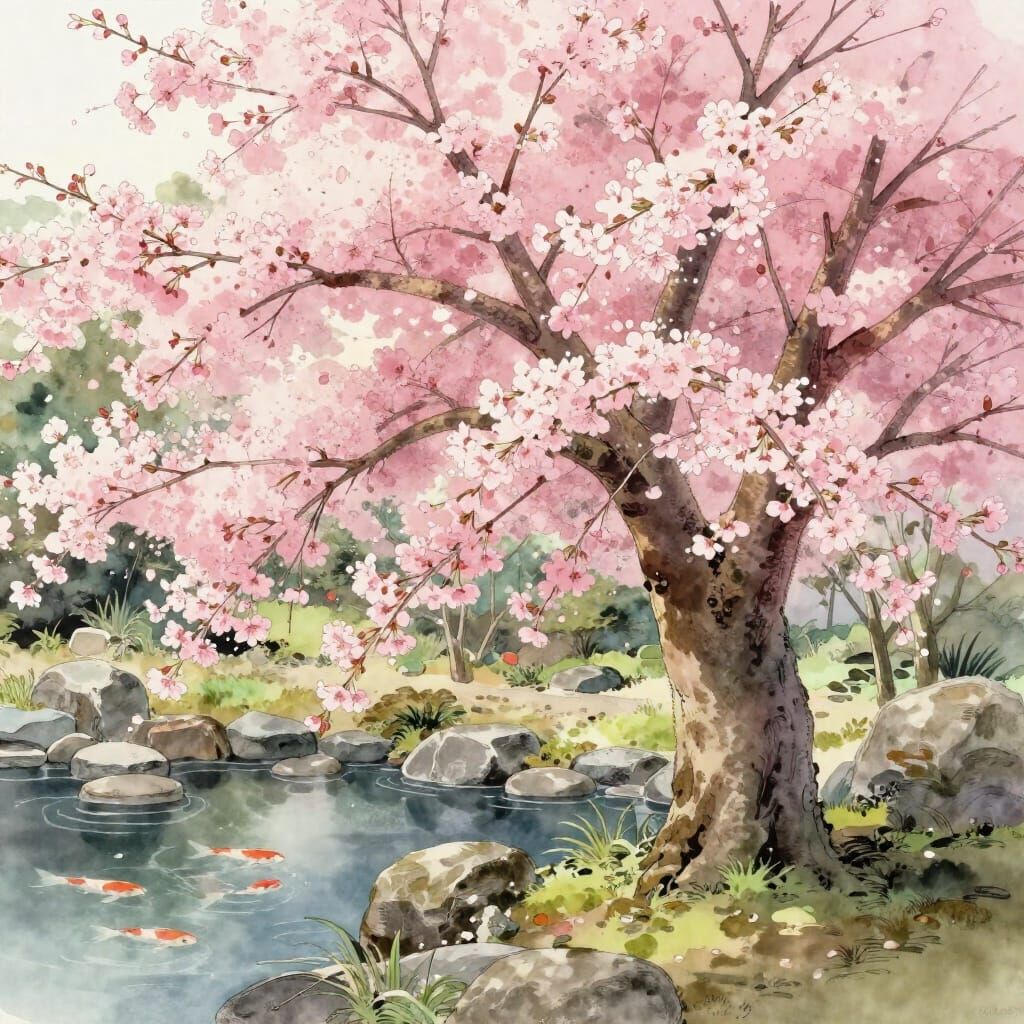 Peaceful Cherry Blossom Garden with Koi Pond