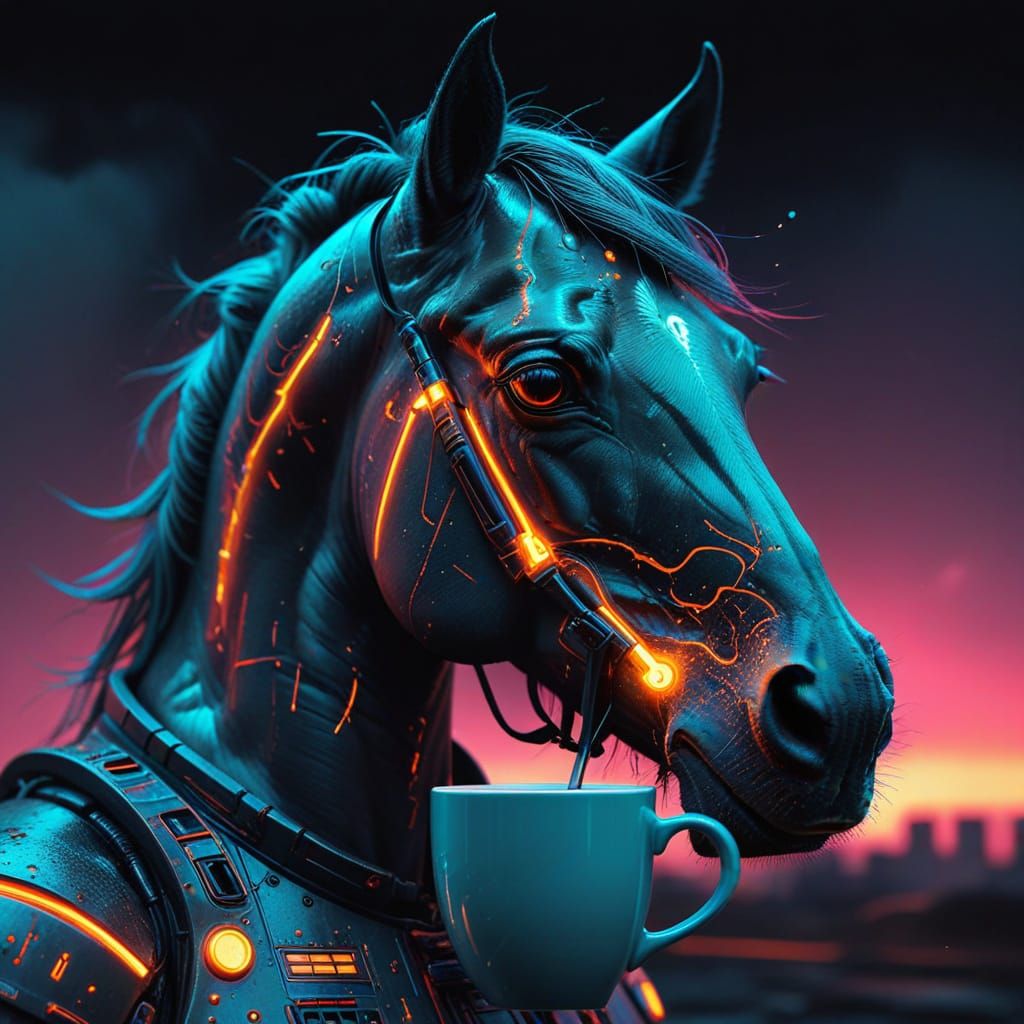 Cyberpunk Horse with Coffee-Eyed Portrait