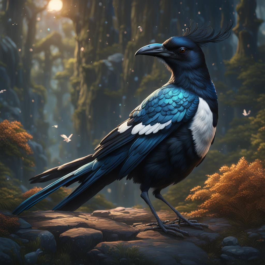 Fantastical Magpie Painting in Detailed Matte Style