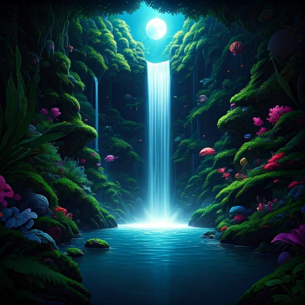 Hyperrealistic Waterfall in Aquarium at Night