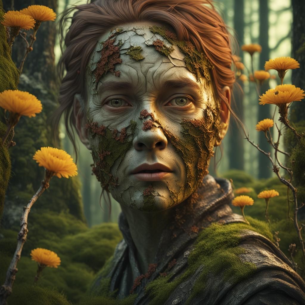 Sci-Fi Woman Lost in Forest with Lush Flowers