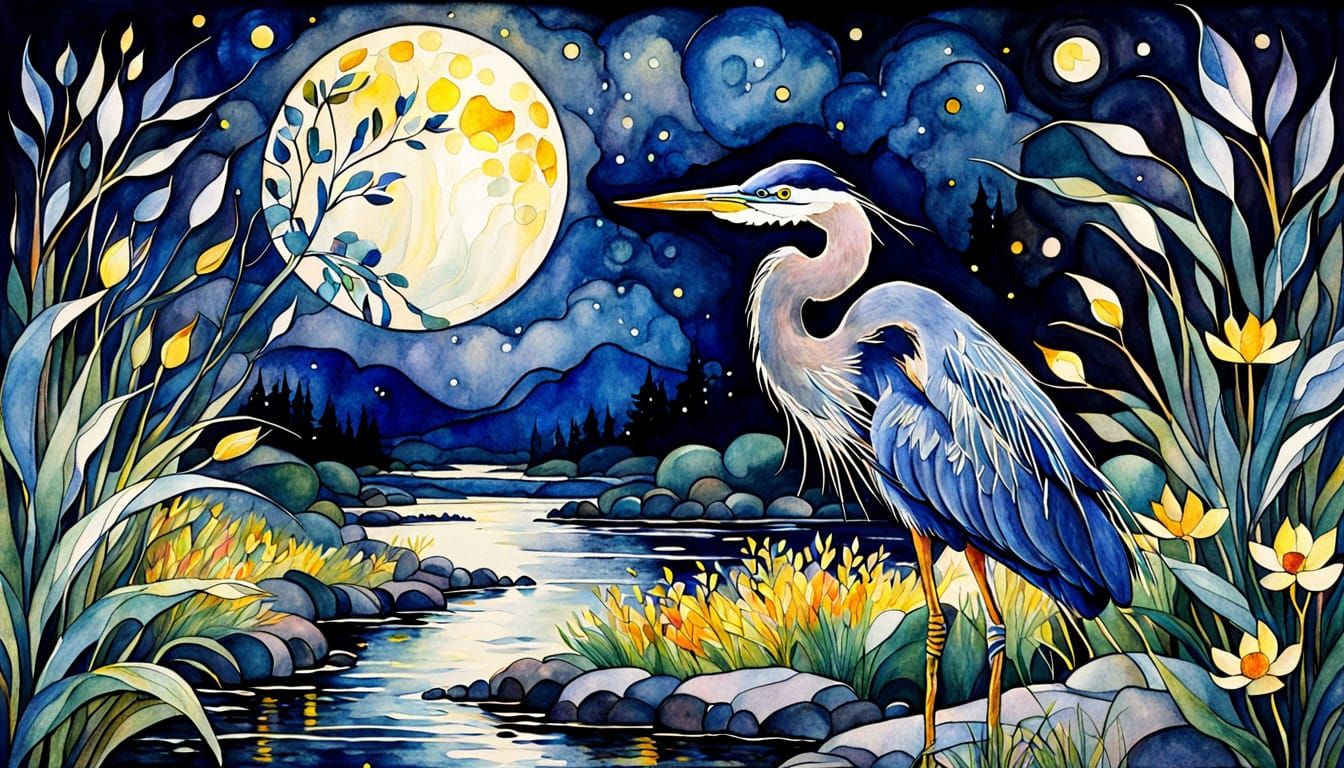 Whimsical Watercolor of a Great Blue Heron in Dreamy, Ethere...