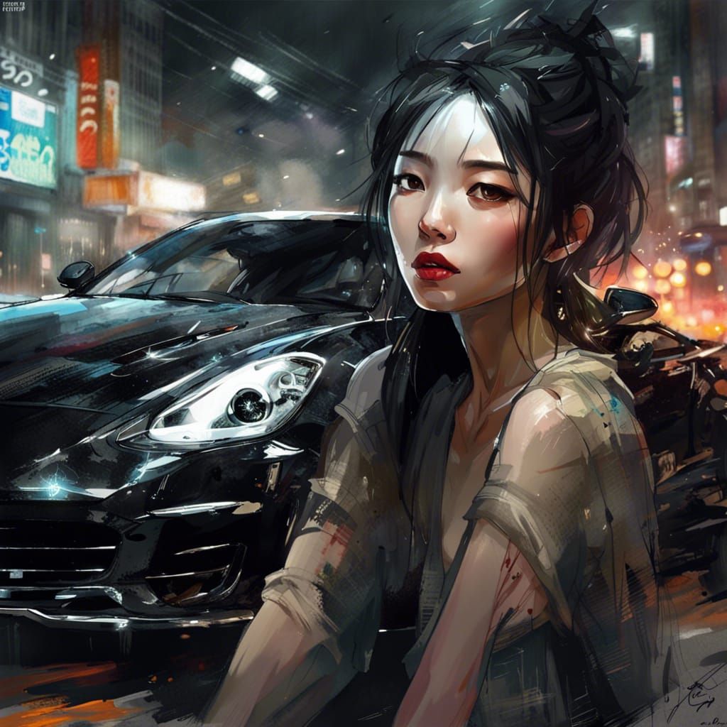 Black Sports Car with Beautiful Girl