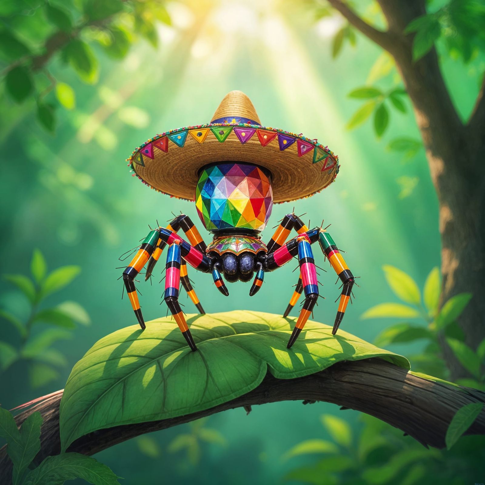 Rainbow Crystal Spider in Sombrero Dances on Leaf