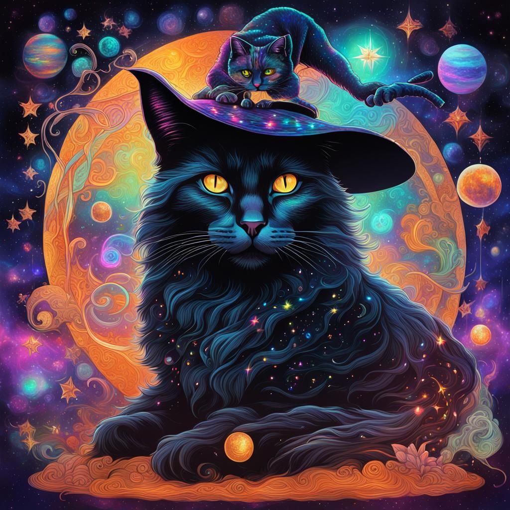 Cosmic Witch and Black Cat Illustration