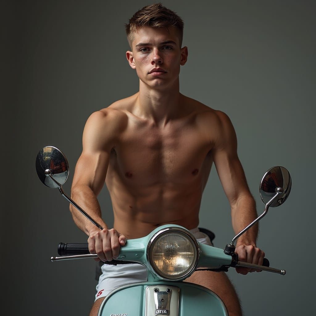 Dramatic Portrait of Young Man on Vespa