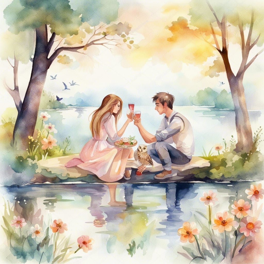 Romantic Lakeside Picnic in Watercolor Style
