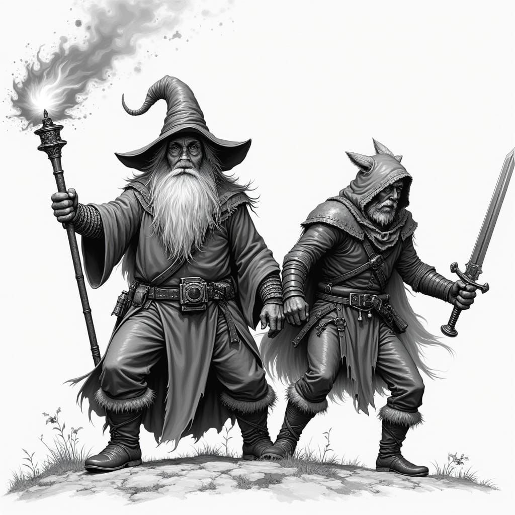 Dwarf Wizard and Human Ranger in Grayscale Fantasy