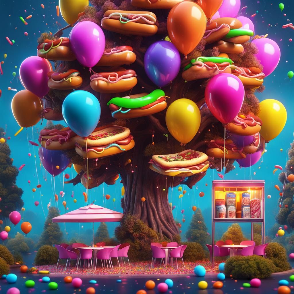 Surreal Landscape with Pizza Tree and Candy Rain