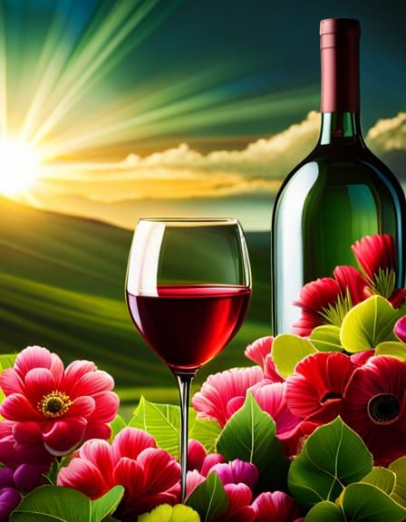 Fantasy Vineyard Wine Glass Illustration in Deep Color