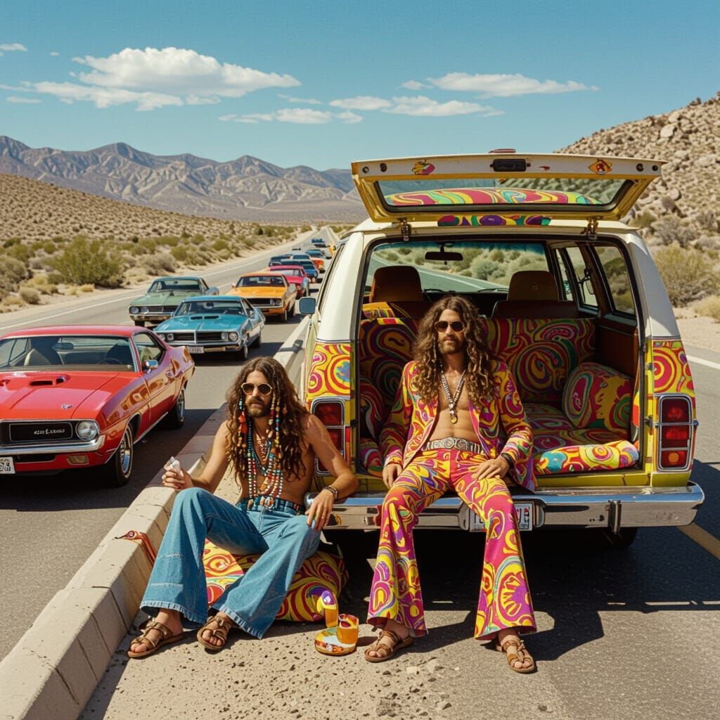 1970s Psychedelic Van Scene with Hippies and Muscle Cars