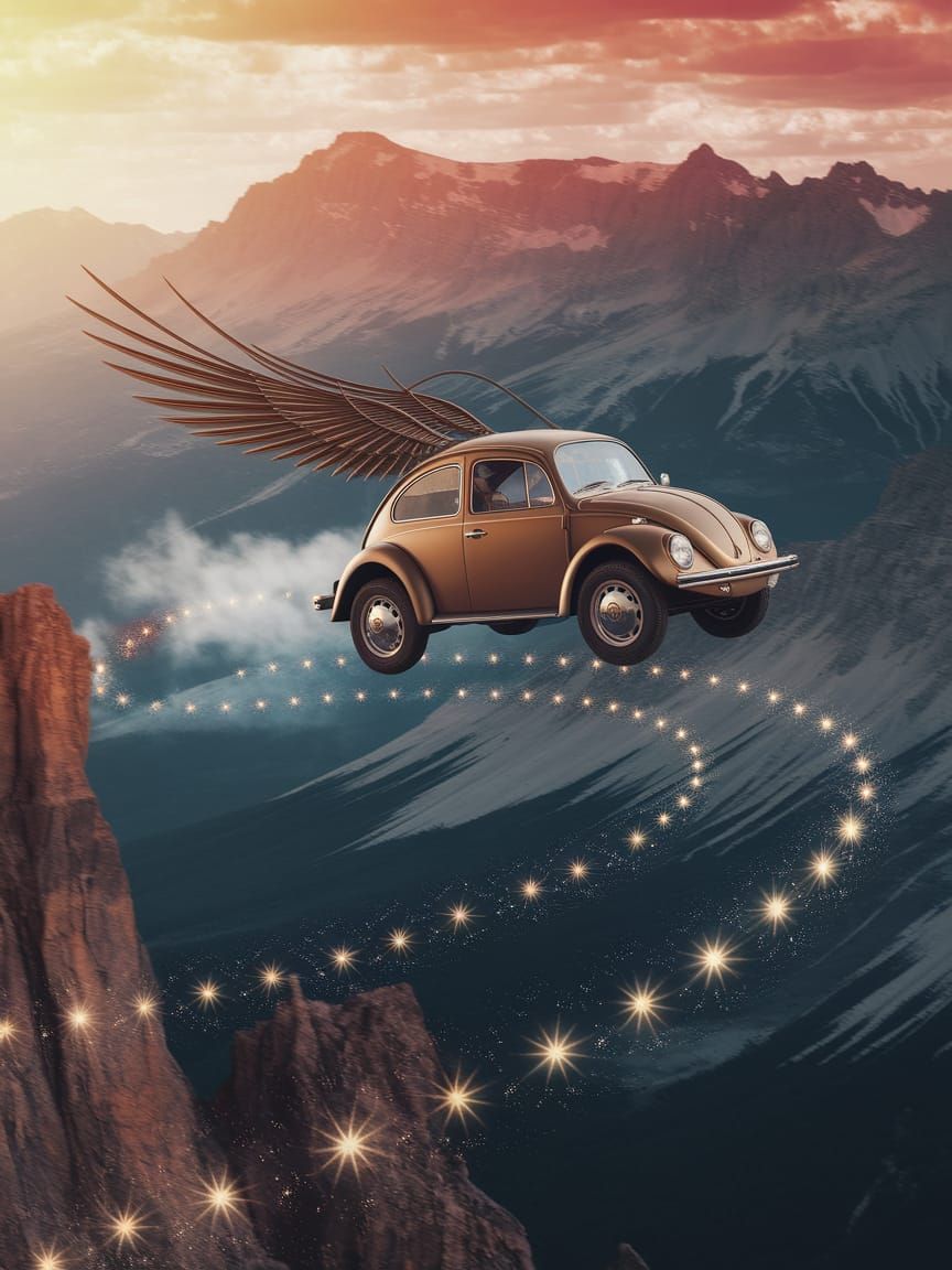 Steampunk Beetle Car Soaring Over Mountains at Night