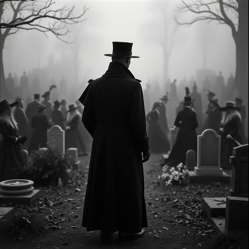 Gothic Man in Cemetery: Noir Film Still