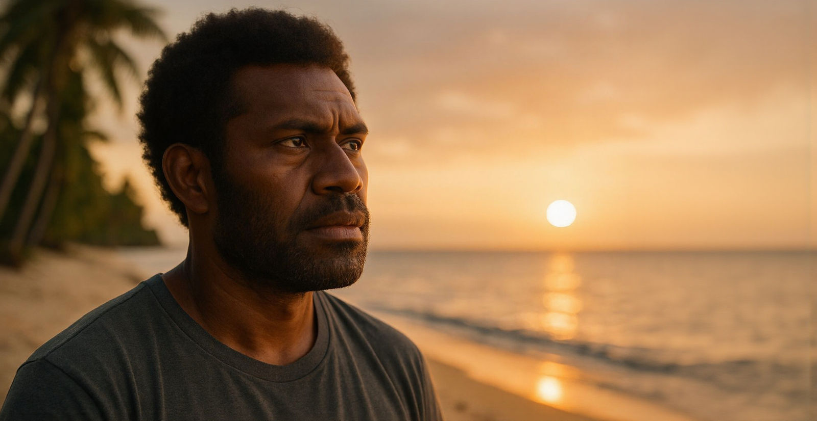 Fijian Man Contemplates Sunset on Tropical Beach