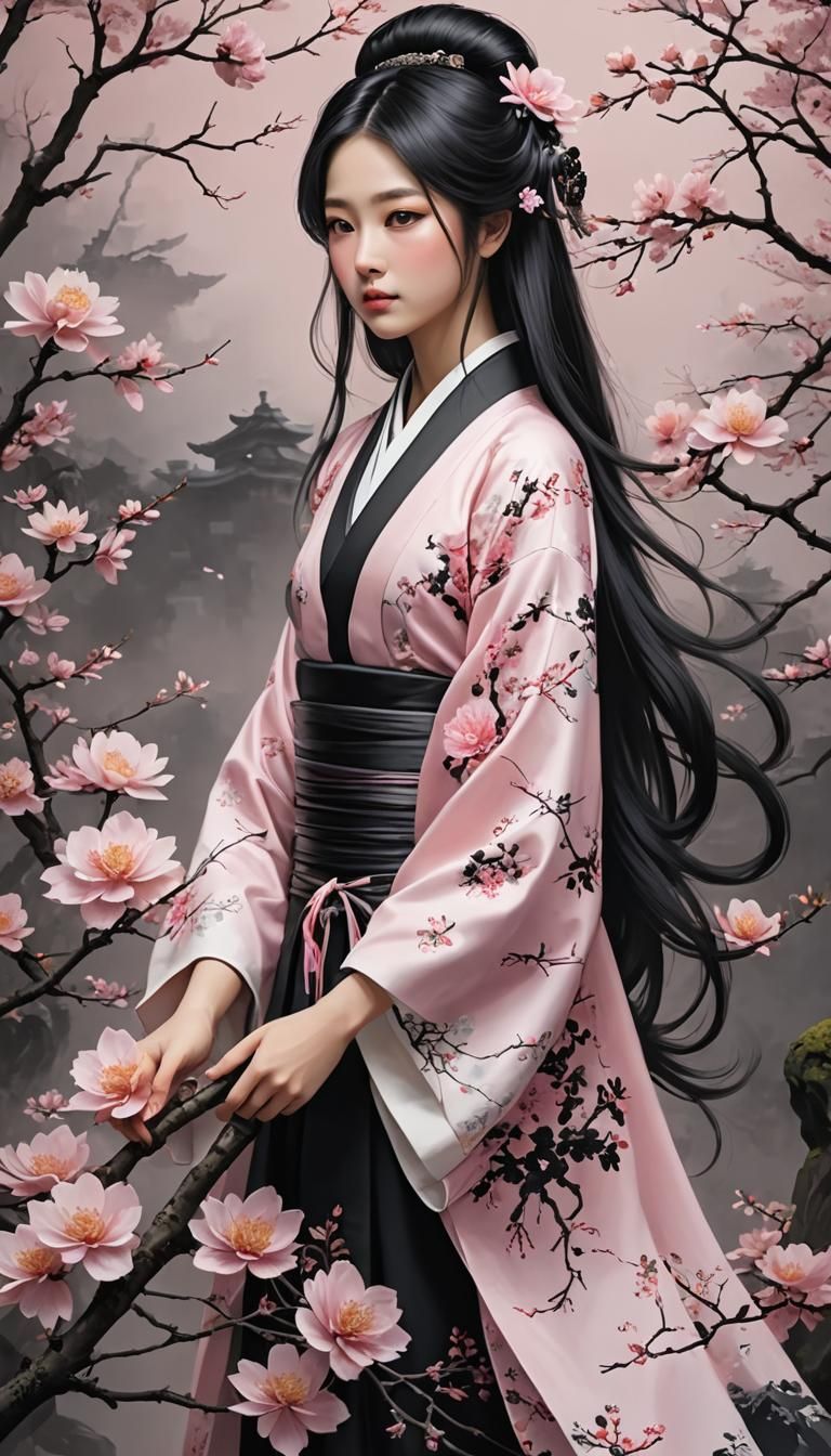 Beautiful Japanese Woman with Long Black Hair