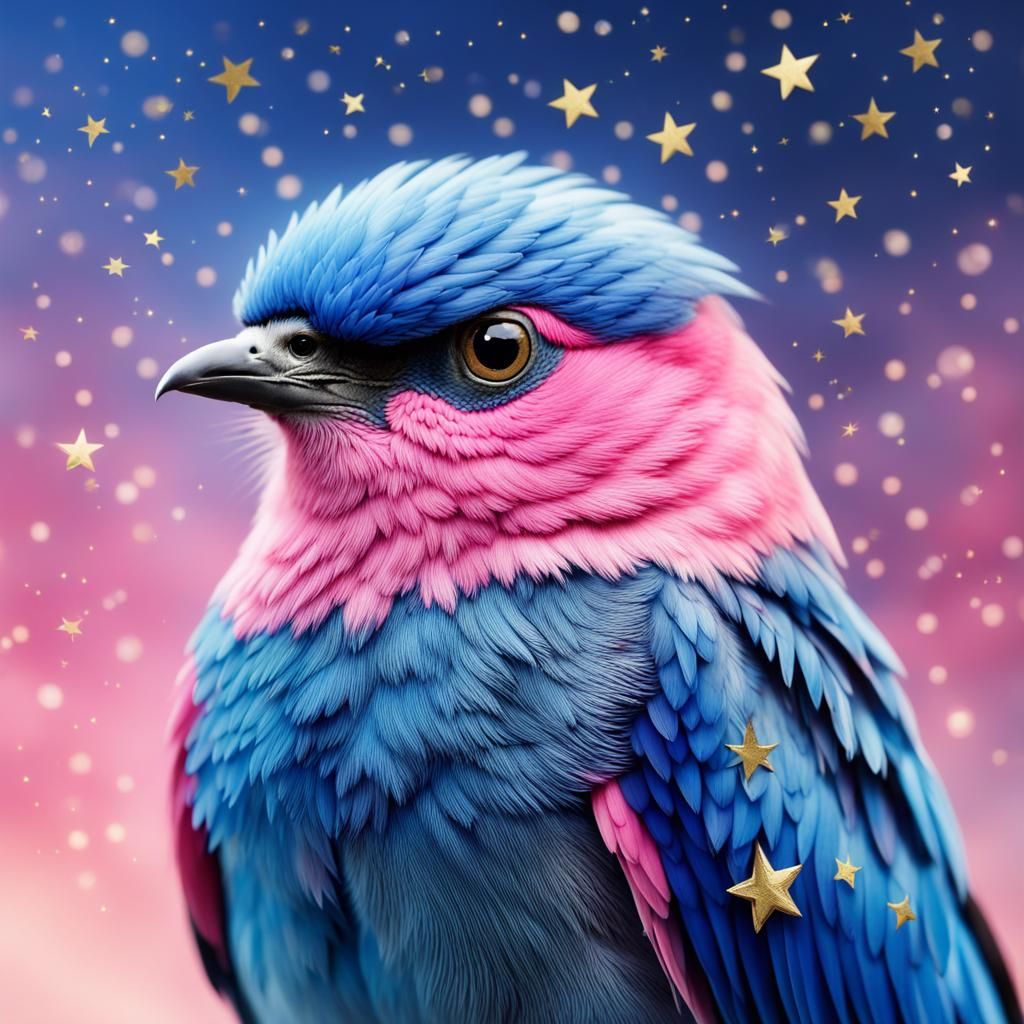 Gorgeous Blue and Pink Bird with Gold Stars