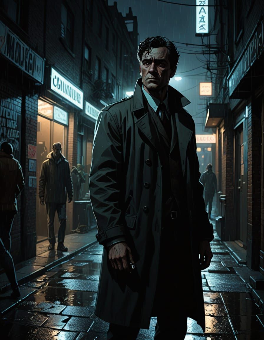 Gritty Detective in Film Noir Alleyway