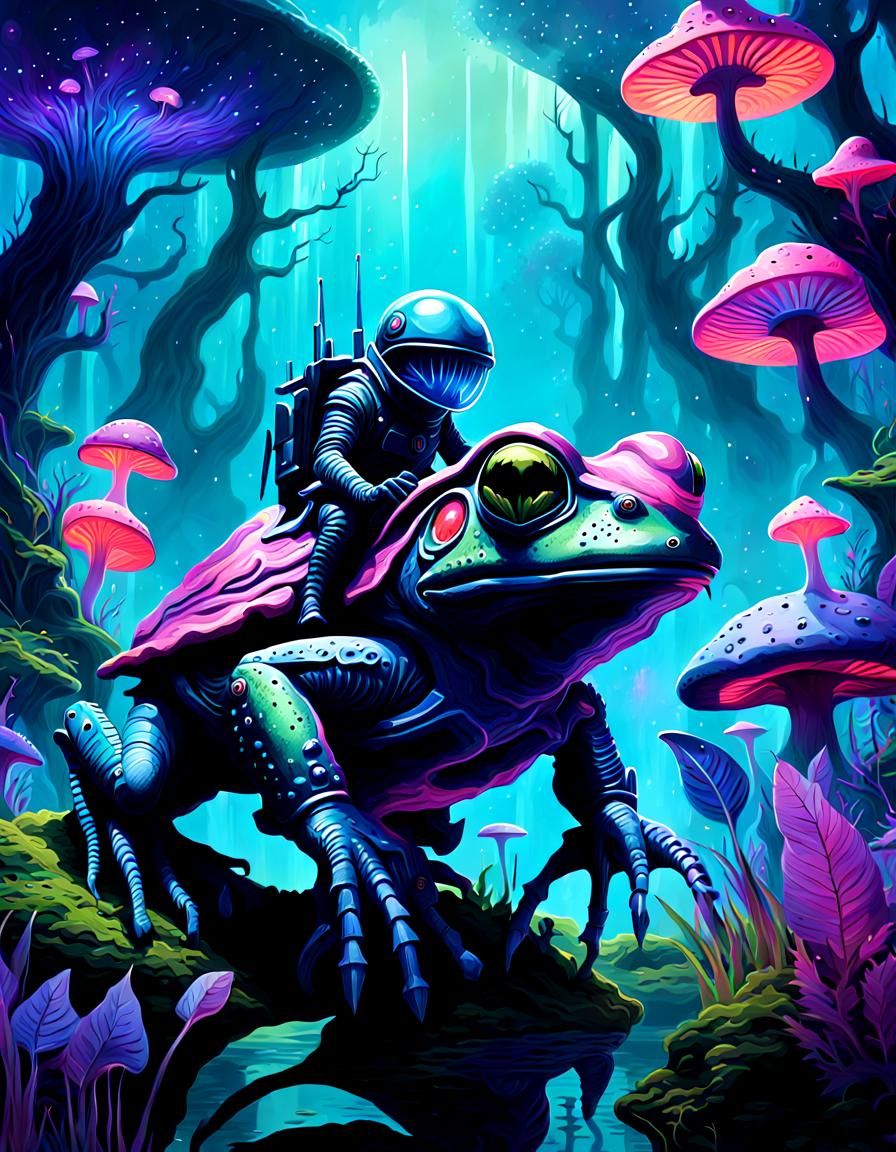Alien Knight Rides a Frog in Cosmic Swamp