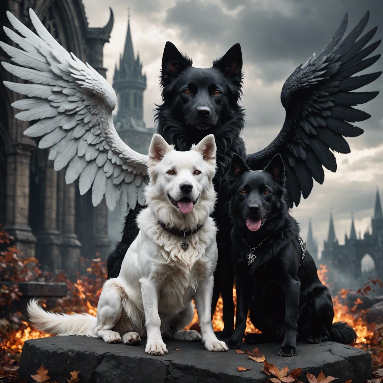 Angelic and Demonic Dogs, Black and White Gothic Art