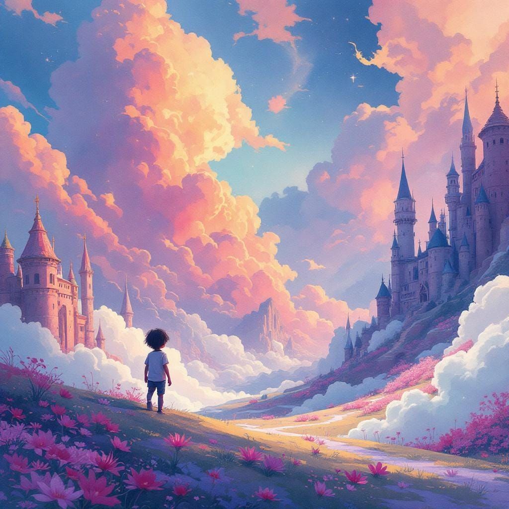 Child in Dreamlike Landscape, Watercolor and Ethereal