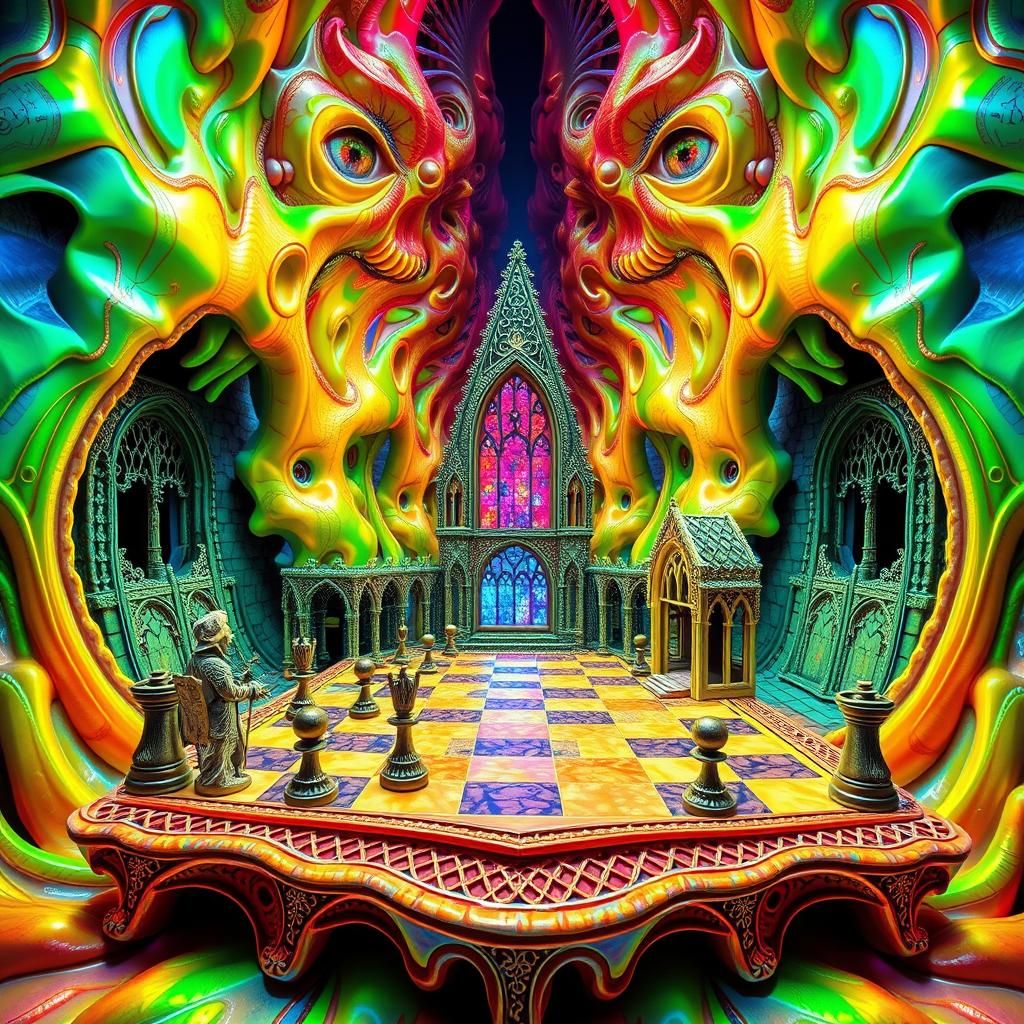 a chess board with fairy chess pieces, pixelated , twisted a...