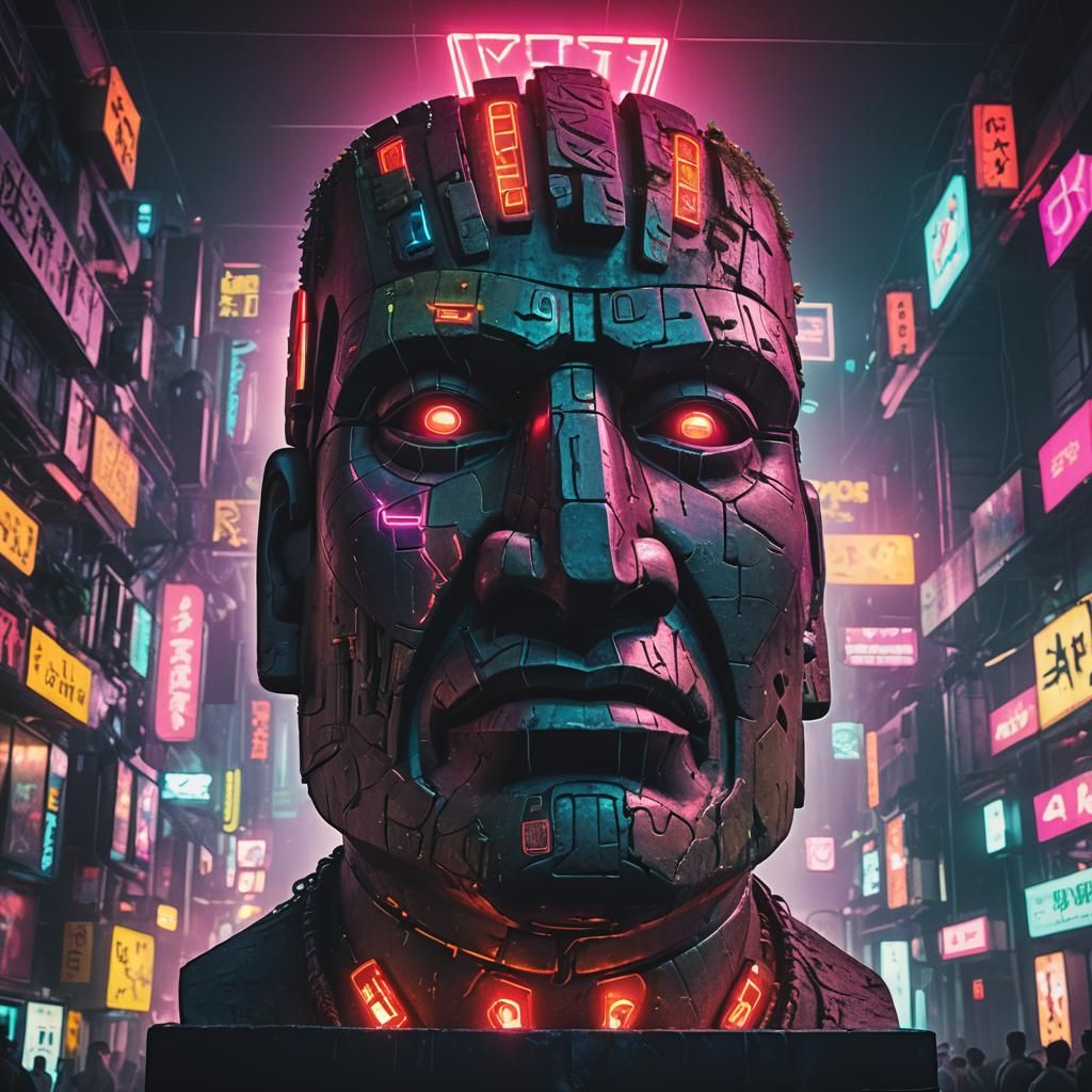 Cyberpunk Moai Head Party Scene