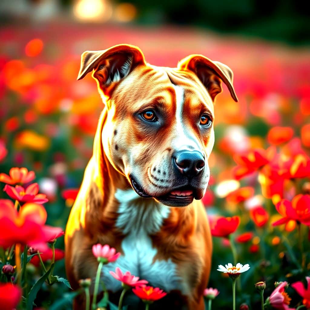 Surreal Pitbull Mix Stands Amidst Vibrant Floral Field