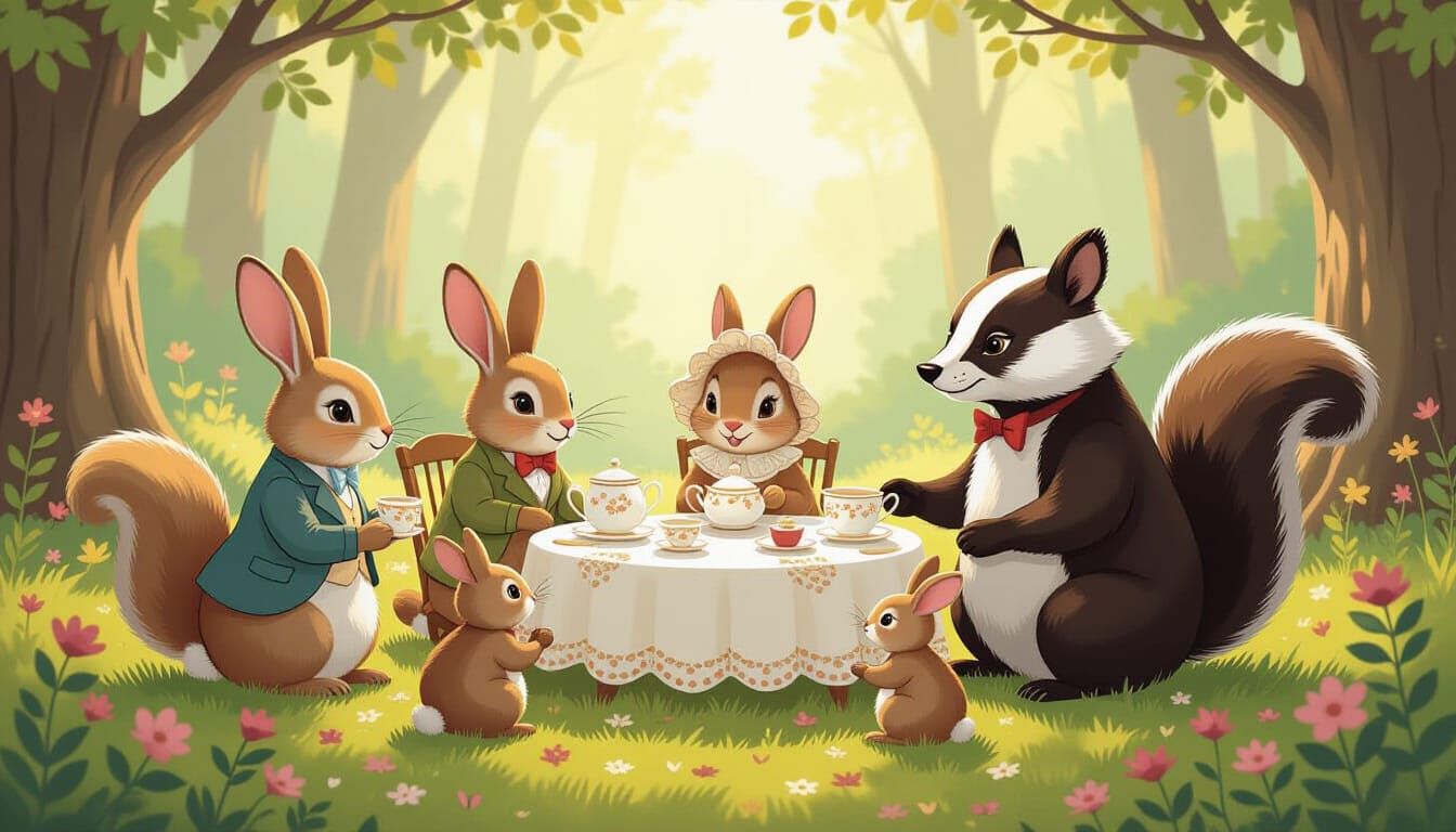 Woodland Creatures Tea Party in 1930s Storybook Style