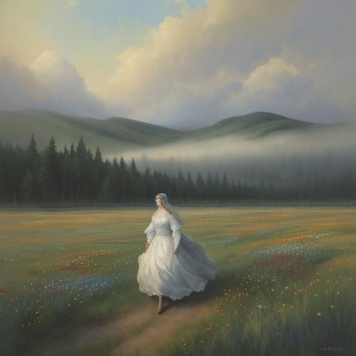 Melancholic Figure in Meadow: Gouache Watercolor Masterpiece