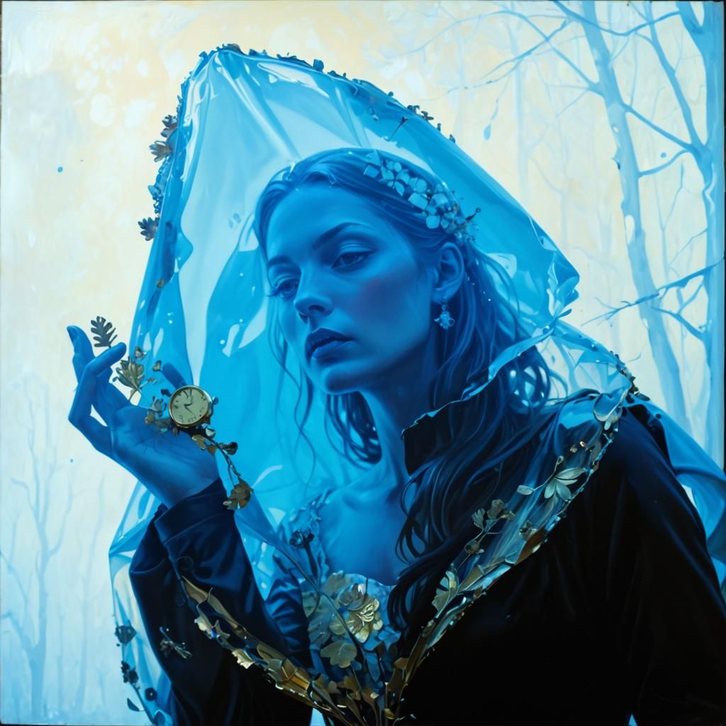 Surreal Gold Bride in Golden Forest, Oil Painting