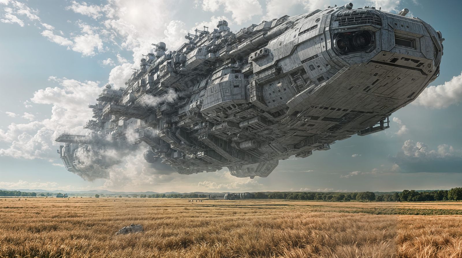 Epic Space Battleship Soars Above Earthly Fields