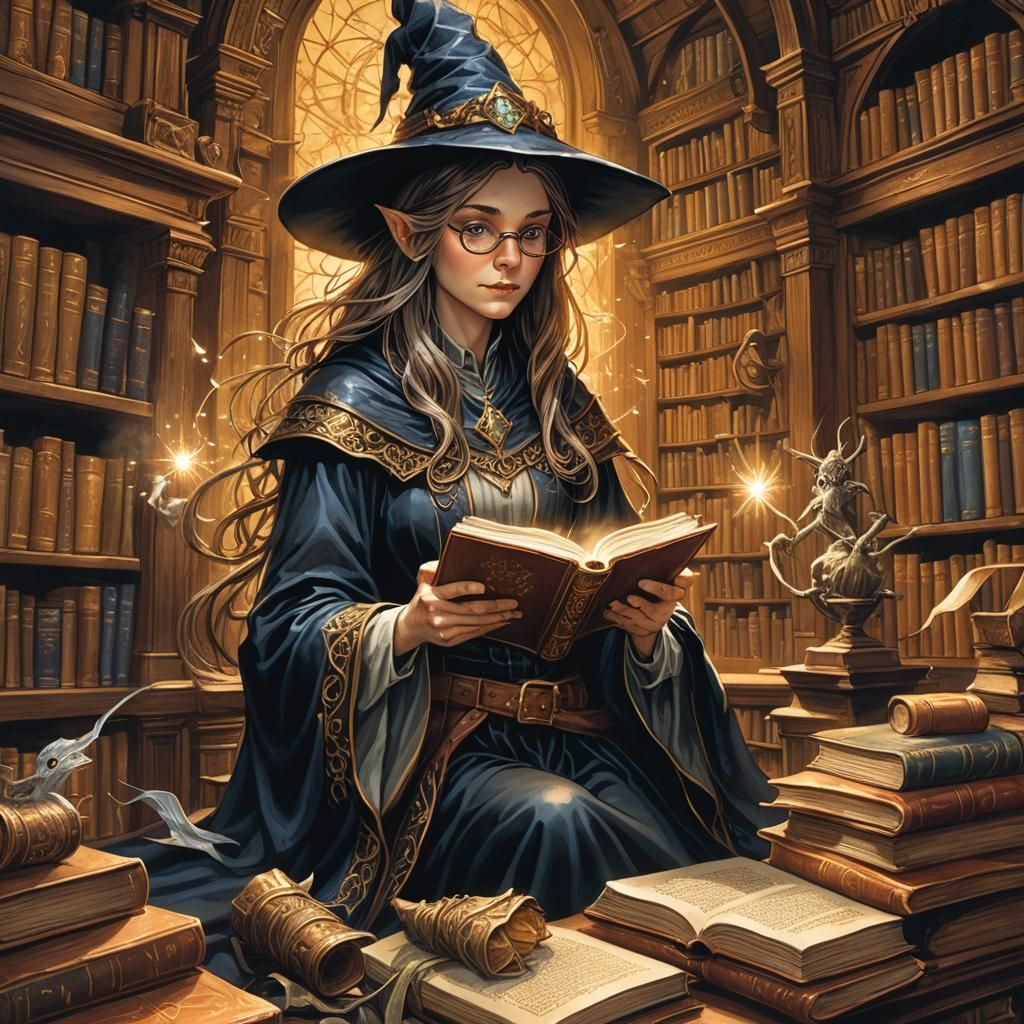 Academic Witch Reading in Magical Library: Comic Book Art