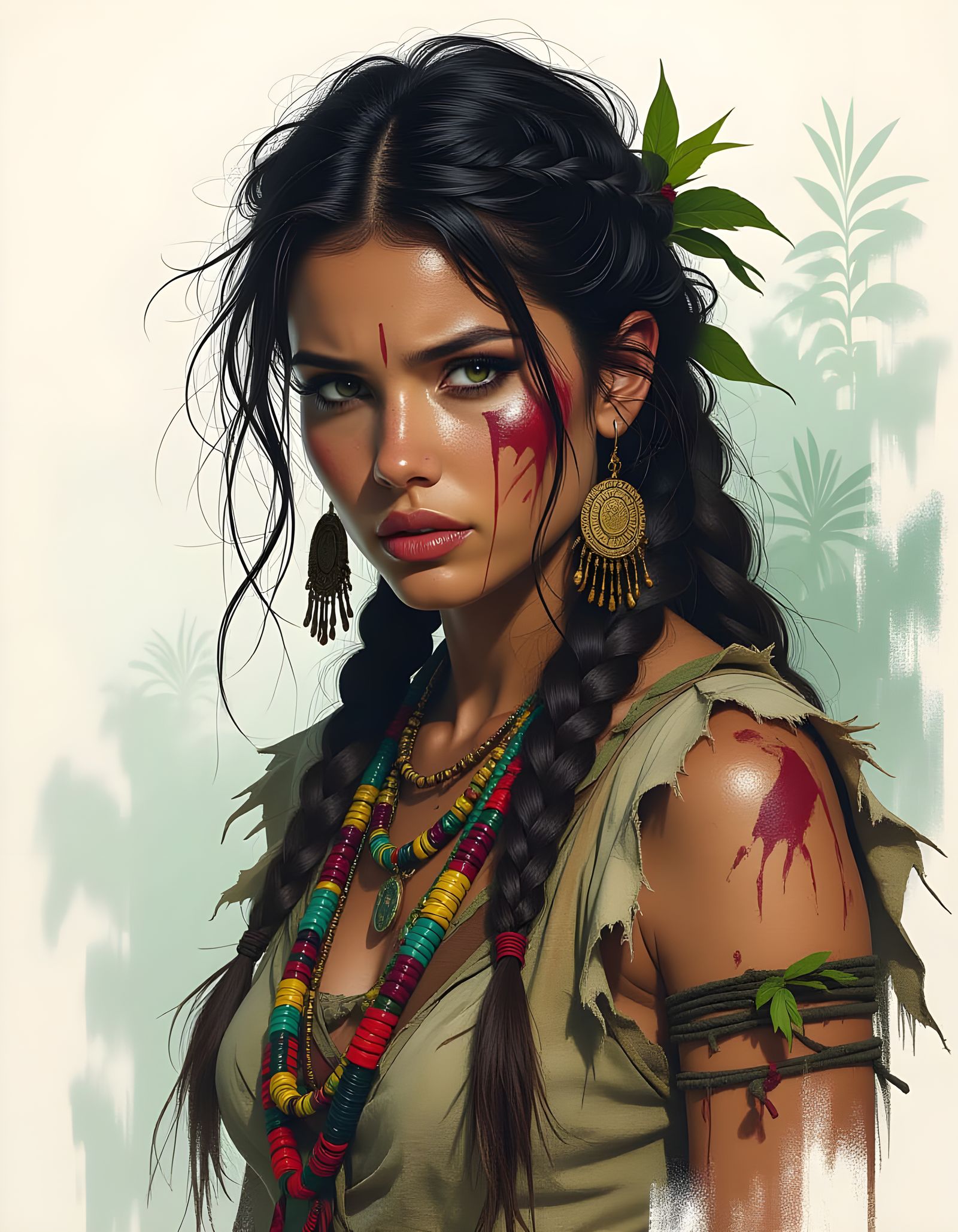 Tribal Woman Portrait in Dark Jungle, Detailed Art