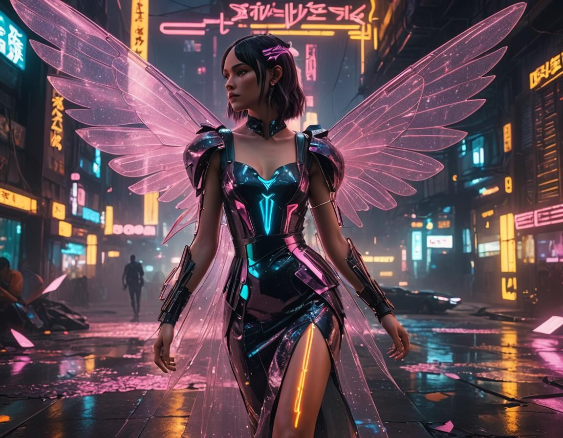 Cyberpunk Fairy with Glitter Wings in Magical Place