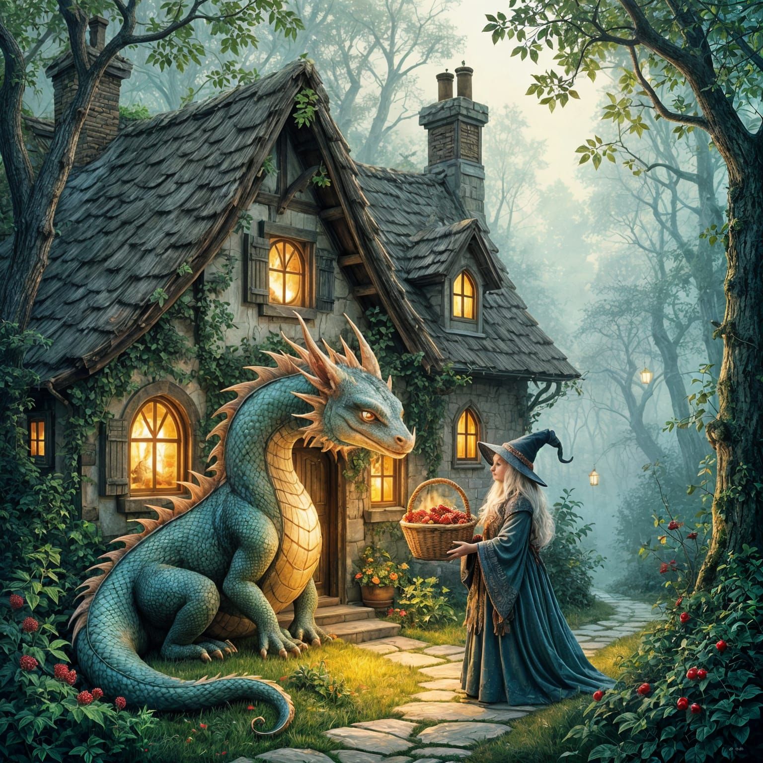 Cozy Cottage with Dragon and Witch in Fairytale Style