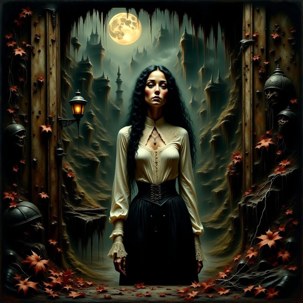 Glamorous Woman in Decaying Victorian Cityscape