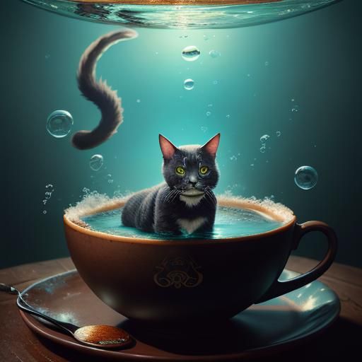 Cat in Coffee Cup: Detailed Matte Painting