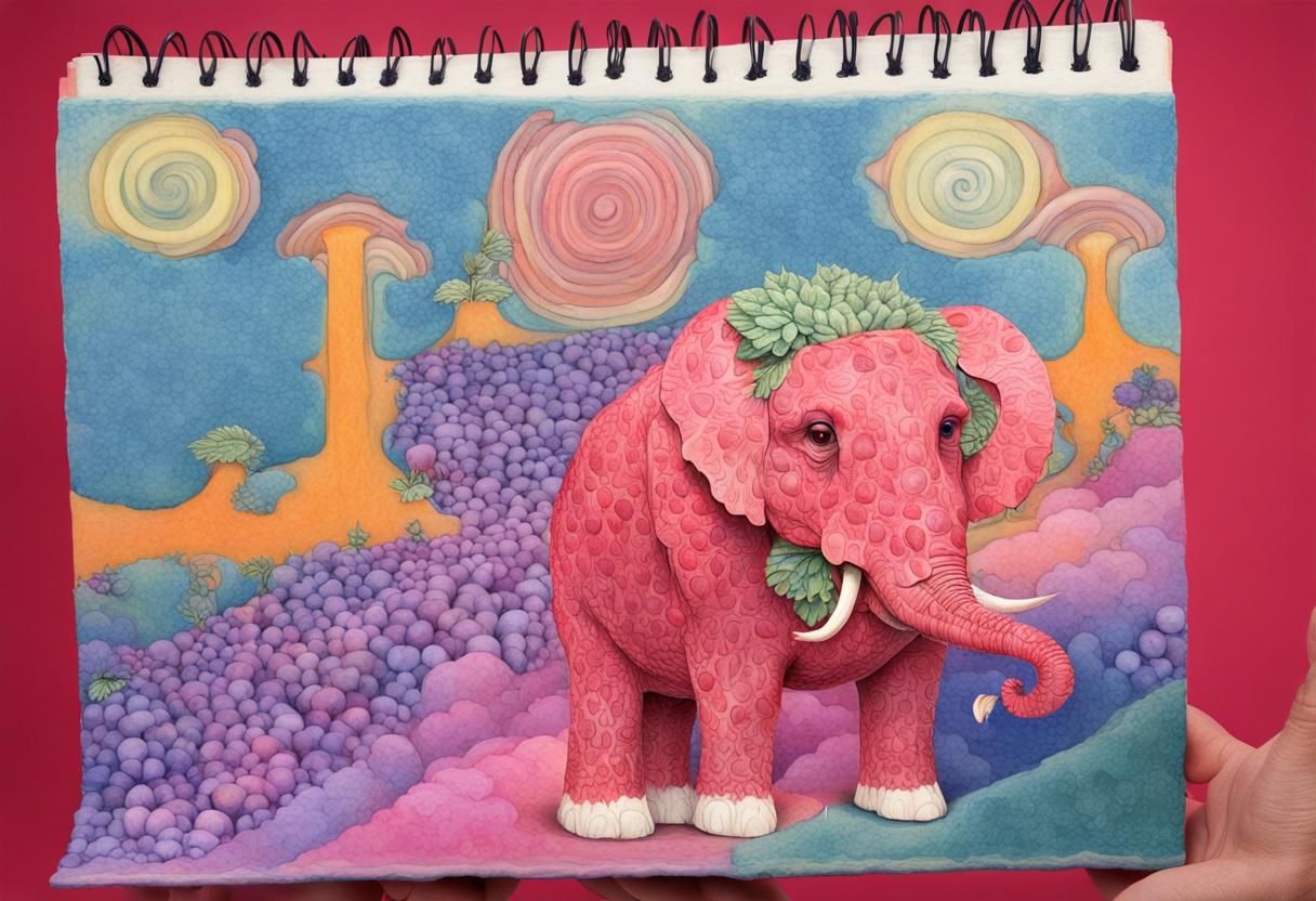 An elephant made out of strawberries in a surreal psychedelic landscape