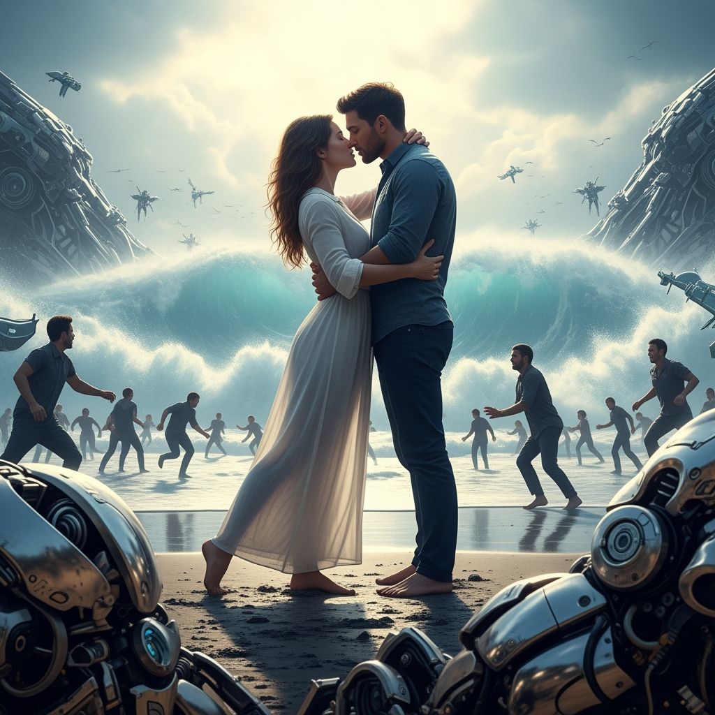 Futuristic Tsunami: Lovers Embrace Amidst Chaos