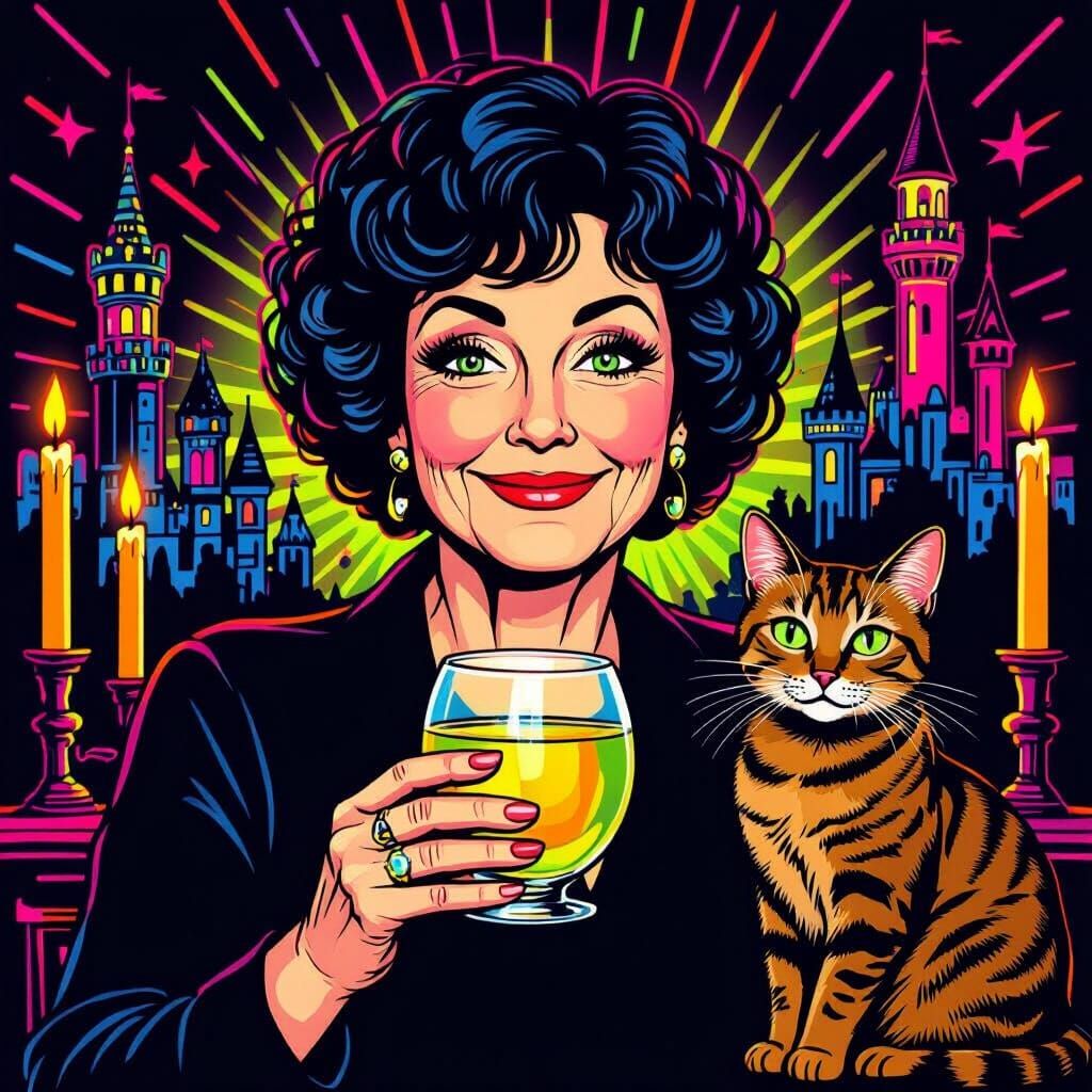 Mysterious Woman with Cat and Castles in Neon Pop Art Style