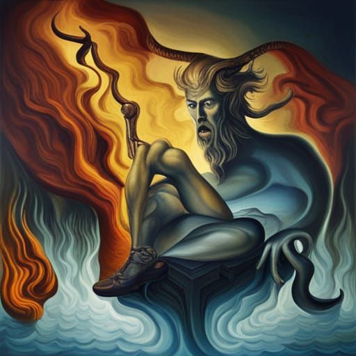 Thor Battles Satan in Hell: Surrealist Oil Painting