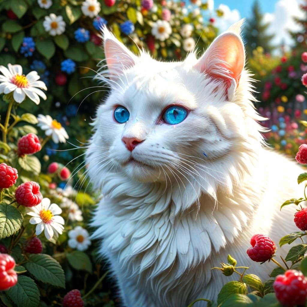 Surreal Whimsical Feline in a Vibrant Garden Wonderland