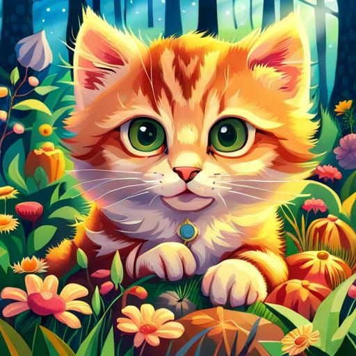 Cute Chibi Kitten Near Forest House, Detailed Fantasy Art