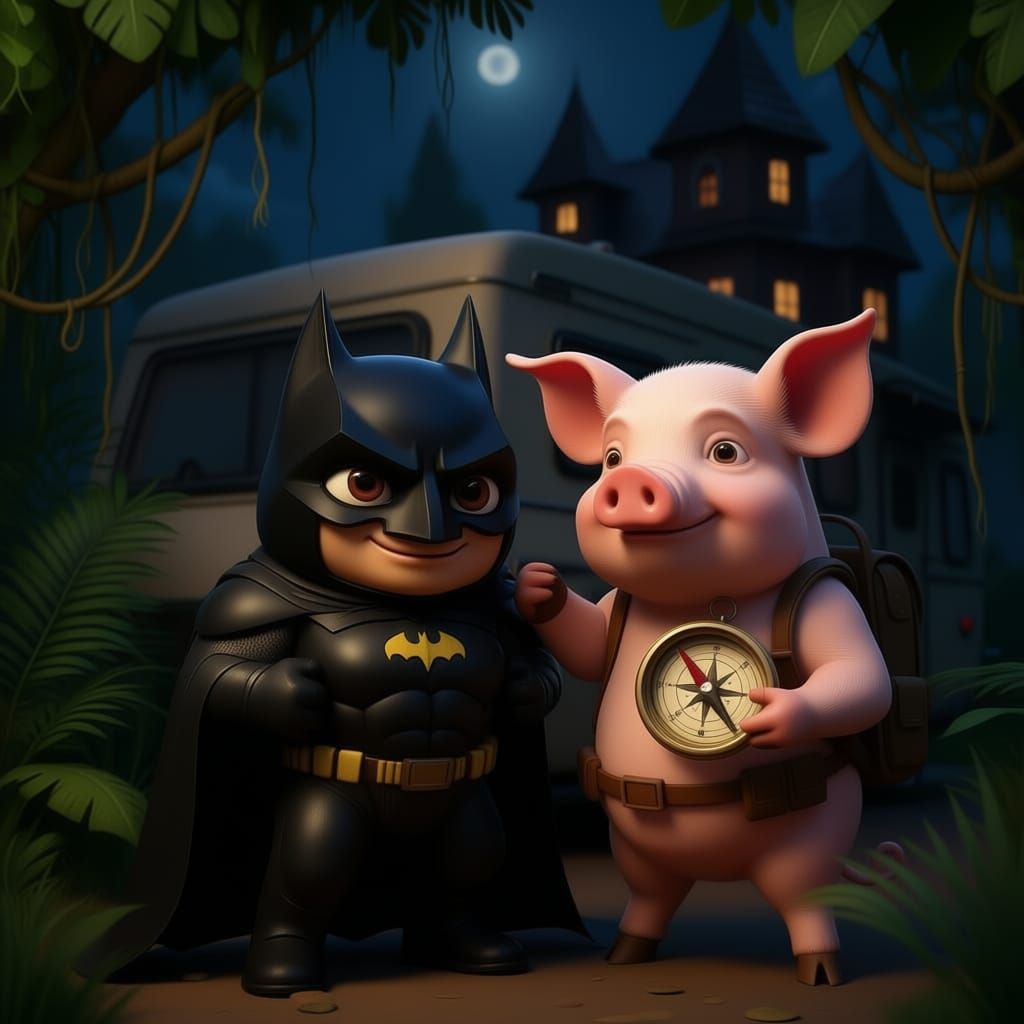 Jungle Boy and Batman Outside RV with Haunted House